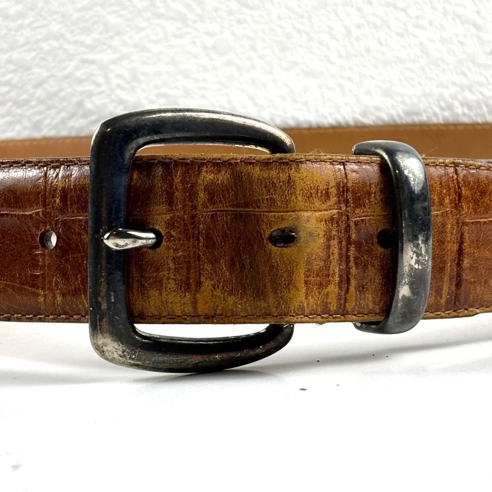 Fossil Belt Mens Large Brown Italian Leather Croc Embossed BT7030 Western Cowboy